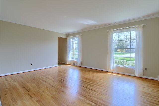 empty room with baseboards, ornamental molding, light wood-style floors, and plenty of natural light