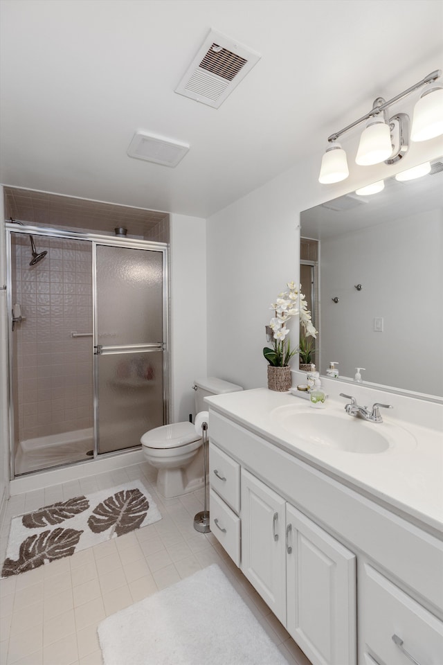 full bathroom with toilet, a stall shower, visible vents, tile patterned flooring, and vanity
