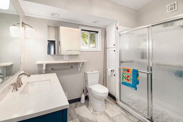 full bathroom with visible vents, a shower stall, vanity, baseboards, and toilet