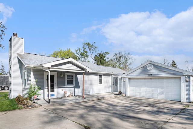 single story home with a garage, covered porch, roof with shingles, a chimney, and driveway