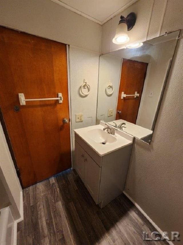 bathroom with wood finished floors and vanity