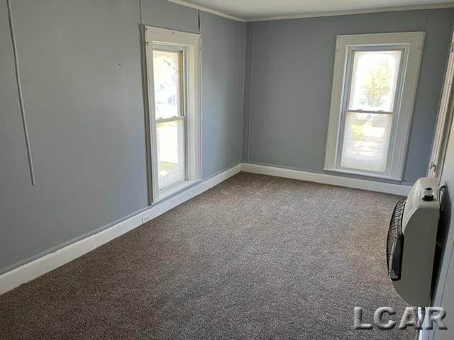 unfurnished room with baseboards, crown molding, and carpet