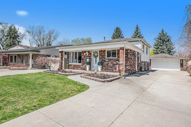 ranch-style house with a front lawn, an outdoor structure, brick siding, and a garage
