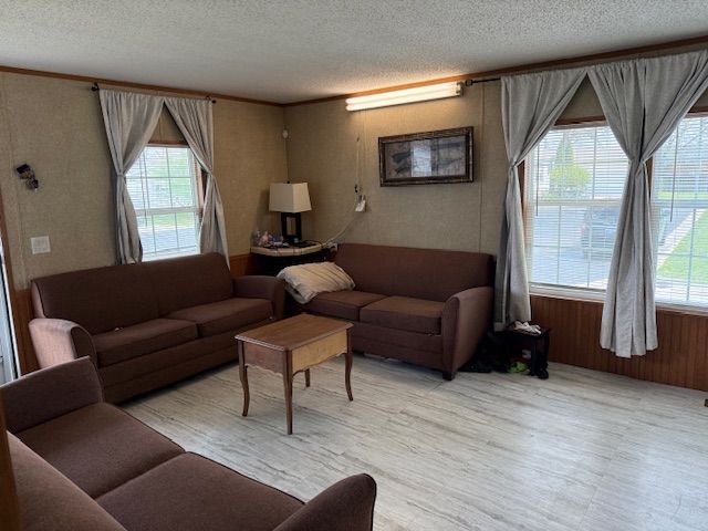 living room with a textured ceiling