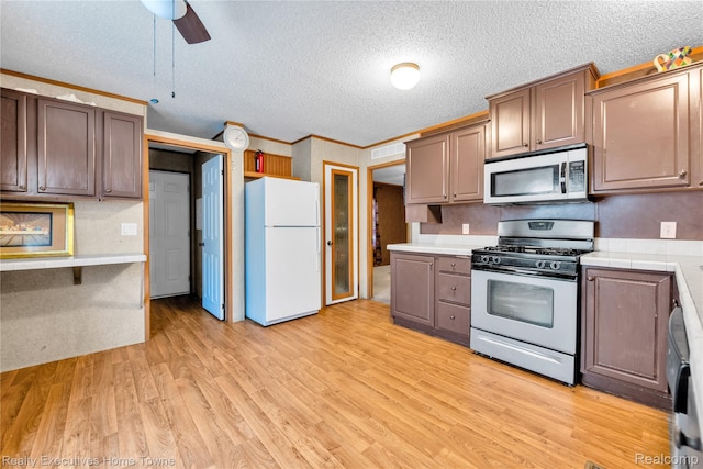 1822 Elizabeth Ter, Madison Heights, MI 48071 - kitchen with appliances with stainless steel finishes, light wood-style floors, a ceiling fan, a textured ceiling, and ornamental molding