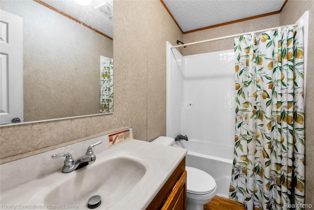 1822 Elizabeth Ter, Madison Heights, MI 48071 - bathroom with crown molding, toilet, vanity, shower / tub combo, and a textured ceiling