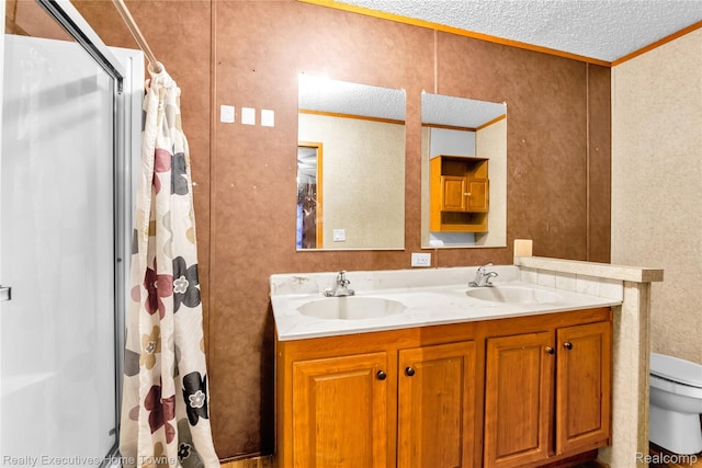 1822 Elizabeth Ter, Madison Heights, MI 48071 - full bath featuring ornamental molding, toilet, double vanity, curtained shower, and a textured ceiling