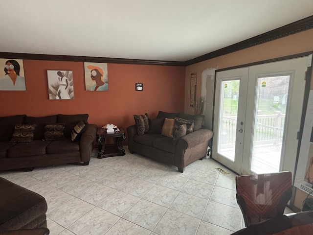 living area featuring ornamental molding, visible vents, and french doors