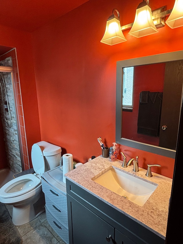 full bath with a stall shower, toilet, tile patterned flooring, and vanity