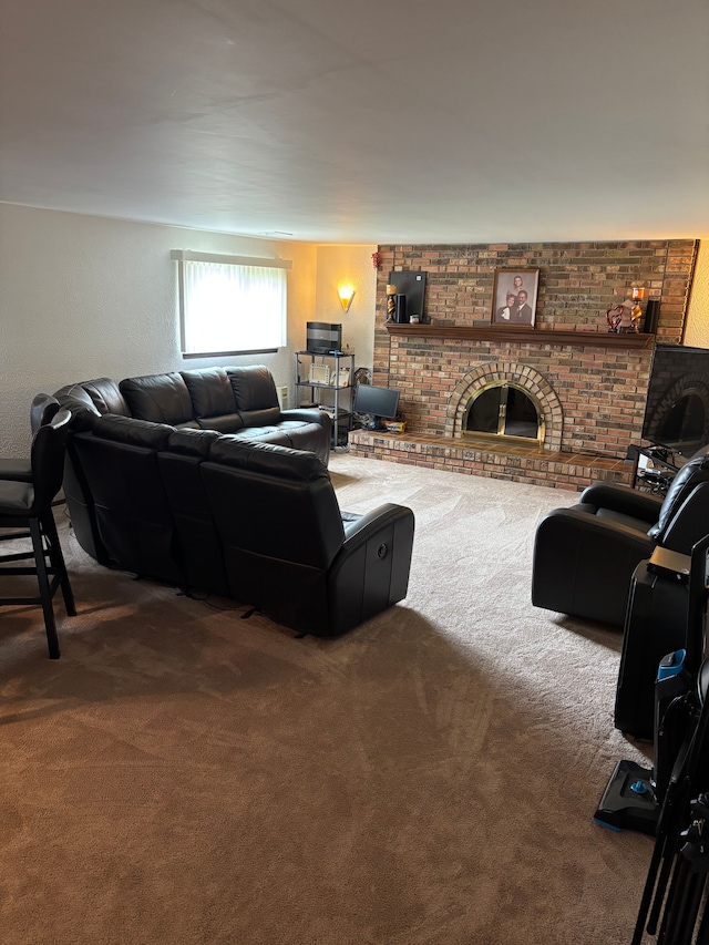 carpeted living area featuring a fireplace