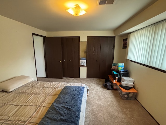 bedroom with visible vents, multiple closets, and carpet floors