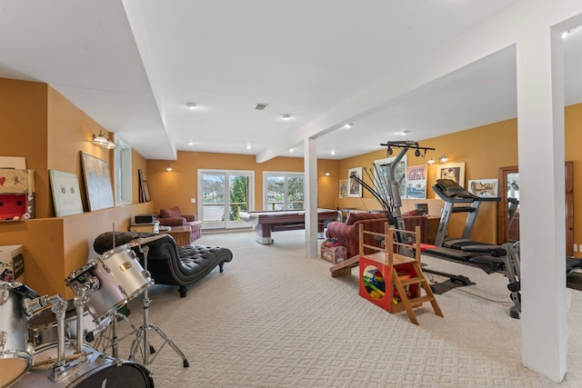 interior space featuring carpet flooring and pool table