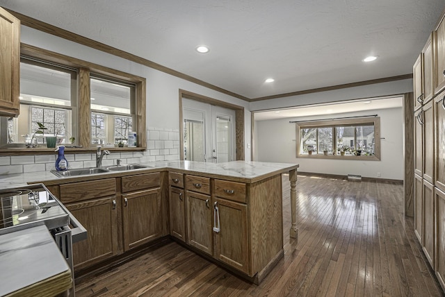 kitchen featuring decorative backsplash, a peninsula, a sink, and dark wood-style floors