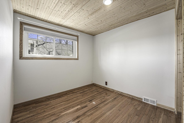 empty room with wood ceiling, baseboards, visible vents, and dark wood-style flooring