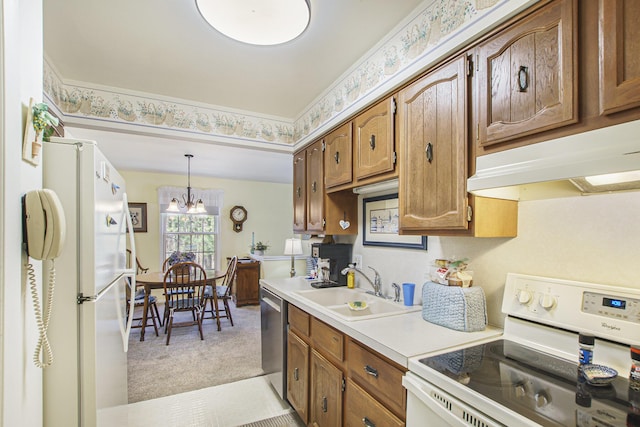 3669 Brentwood St, Norton Shores, MI 49441 - kitchen featuring under cabinet range hood, light countertops, light carpet, a sink, and white appliances