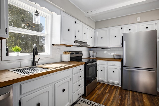 65 N Lake St, Grant, MI 49327 - kitchen with under cabinet range hood, backsplash, a sink, butcher block counters, and appliances with stainless steel finishes