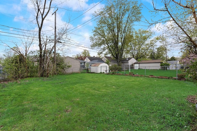 view of yard featuring a fenced backyard and a storage shed