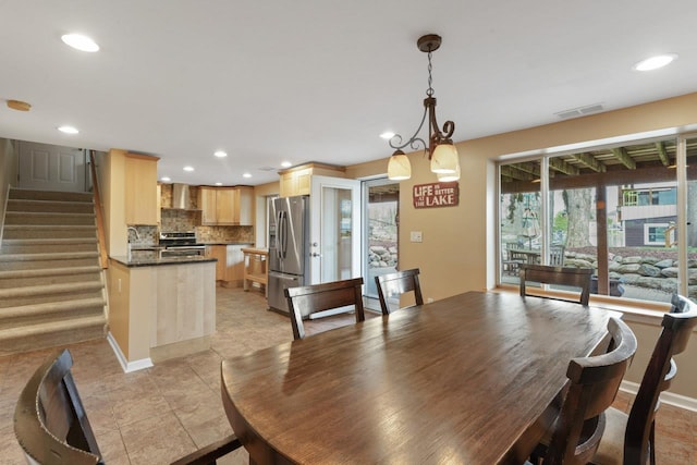 16191 Seymour Rd, Argentine, MI 48451 - dining space featuring recessed lighting, stairway, baseboards, and light tile patterned flooring