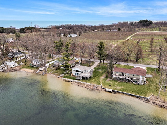 drone / aerial view featuring a water view