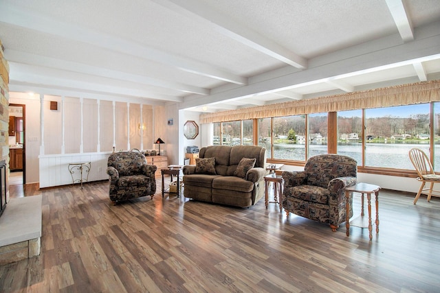 living area featuring wood finished floors, beam ceiling, and a water view
