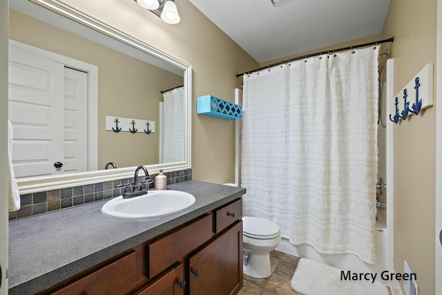 full bath with tasteful backsplash, toilet, vanity, and shower / bathtub combination with curtain