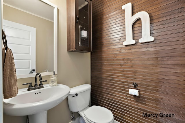 bathroom featuring wooden walls, a sink, ornamental molding, and toilet