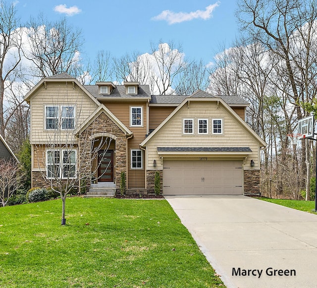 craftsman inspired home with a front lawn, driveway, stone siding, an attached garage, and a shingled roof