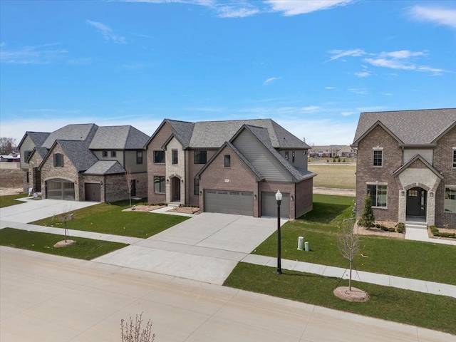 french provincial home featuring brick siding, a residential view, driveway, and a front lawn
