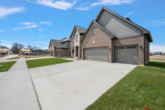 view of front facade with a residential view, a front lawn, driveway, brick siding, and an attached garage