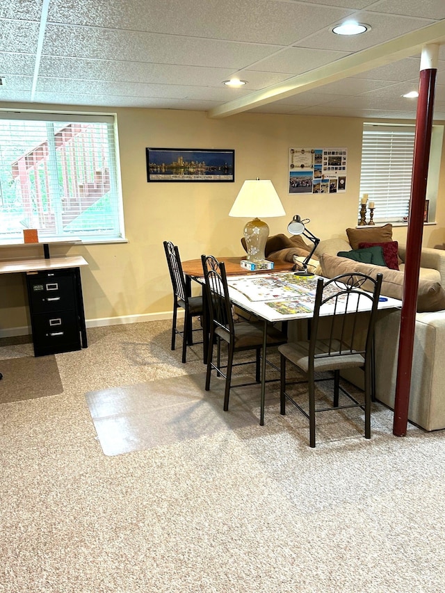 carpeted dining space with baseboards and recessed lighting