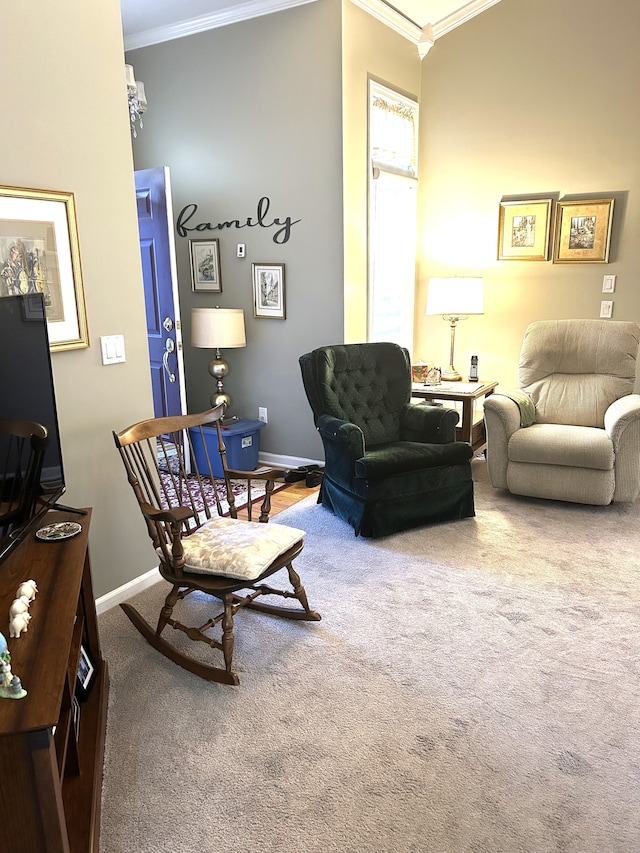 carpeted living area featuring crown molding and baseboards