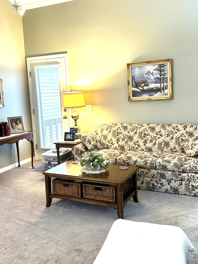 living room featuring baseboards and carpet