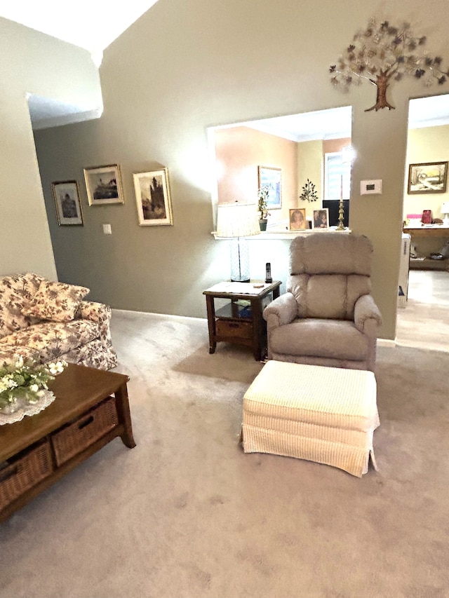 living room featuring vaulted ceiling and carpet