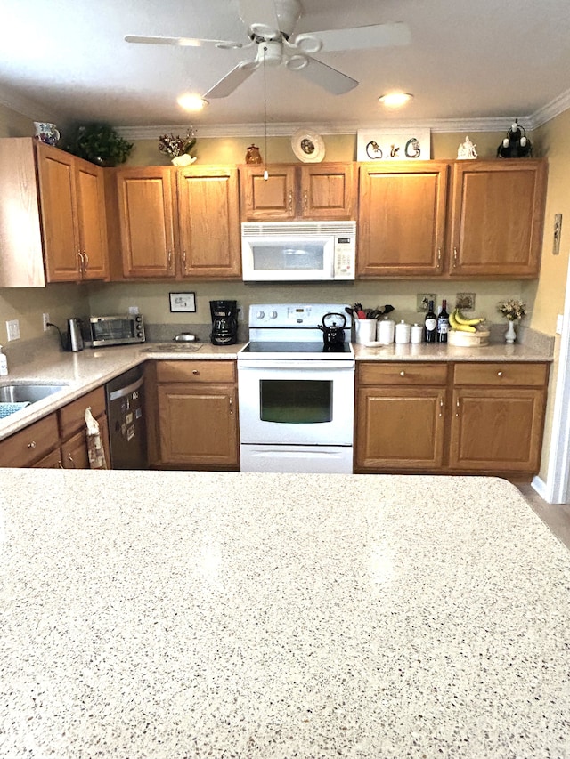 kitchen featuring crown molding, brown cabinets, a sink, white appliances, and a ceiling fan