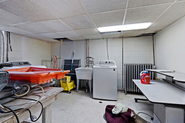 1401 S Williams Lake Rd, Waterford, MI 48327 - clothes washing area featuring radiator, washer / clothes dryer, concrete block wall, and tile patterned floors