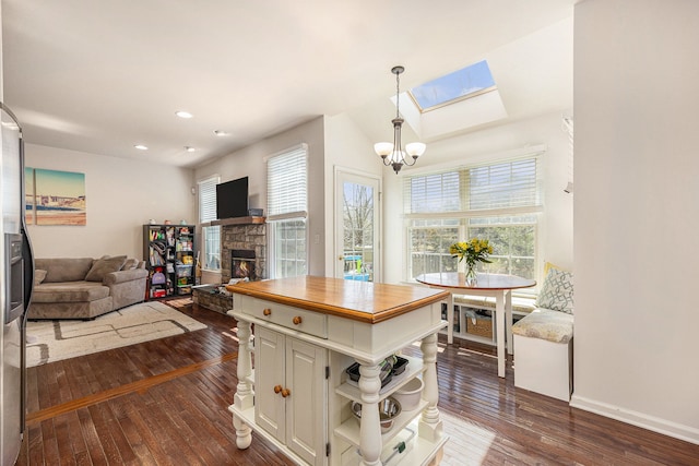 interior space featuring dark wood-style floors, a skylight, open shelves, and plenty of natural light