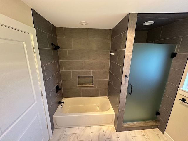 full bathroom featuring recessed lighting, combined bath / shower with glass door, and marble finish floor