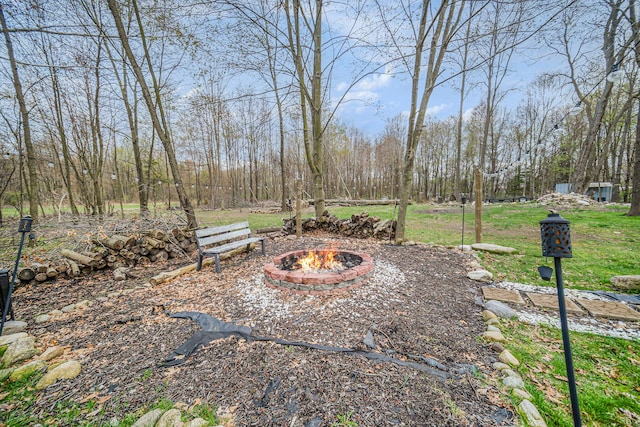 view of yard with an outdoor fire pit