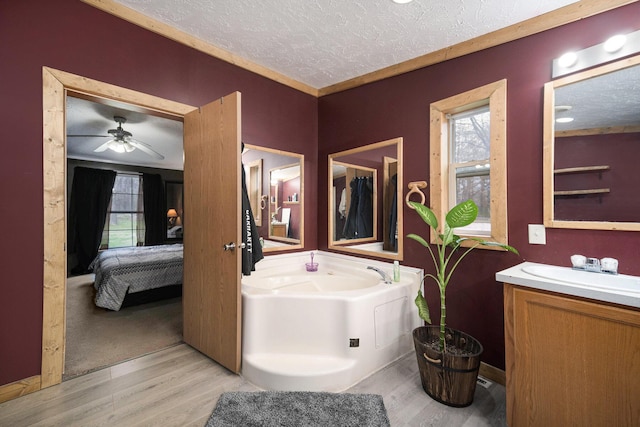 ensuite bathroom with a textured ceiling, a ceiling fan, wood finished floors, vanity, and connected bathroom