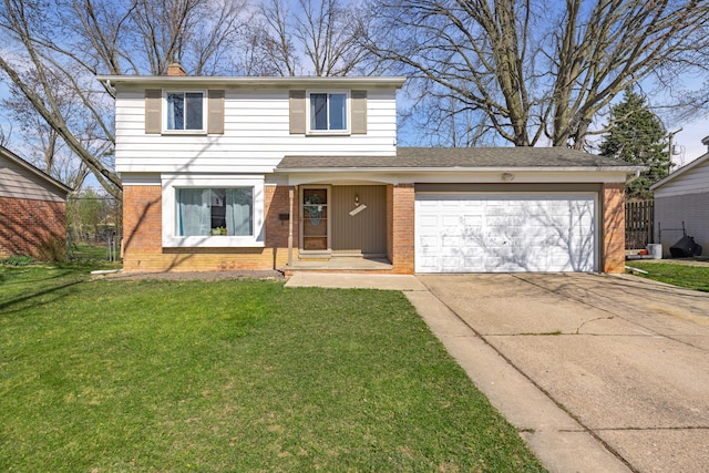 29772 Brentwood St, Southfield, MI 48076 - traditional home with driveway, a chimney, brick siding, an attached garage, and a front yard