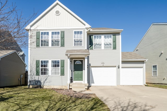 1216 Ellery Grove Ct, Vicksburg, MI 49097 - view of front of property featuring board and batten siding, driveway, a front yard, and roof with shingles