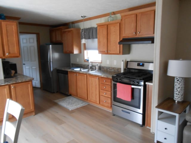 kitchen with a sink, hanging light fixtures, light wood-style floors, stainless steel appliances, and under cabinet range hood