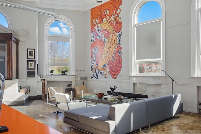 3401 Michigan Ave, Detroit, MI 48216 - interior space featuring wainscoting, a decorative wall, finished concrete floors, and a high ceiling