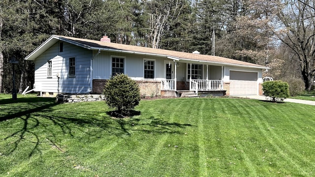 ranch-style home with a garage, a front lawn, covered porch, a chimney, and brick siding