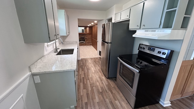 kitchen featuring a sink, a fireplace, stainless steel appliances, wood finished floors, and range hood