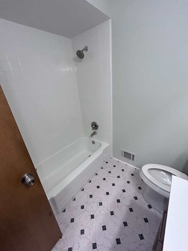 full bath with shower / bathtub combination, toilet, and visible vents