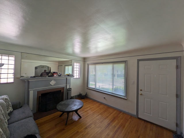 7661 Penrod St, Detroit, MI 48228 - living area featuring wood finished floors and a fireplace with flush hearth