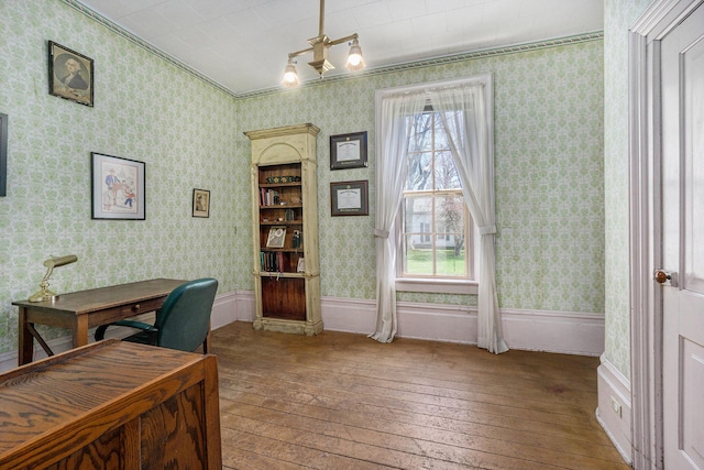 204 E Burr Oak St, Centreville, MI 49032 - office area featuring hardwood / wood-style floors and wallpapered walls