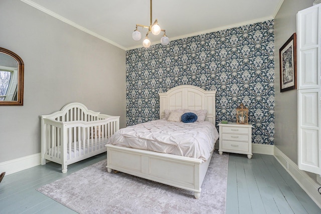 204 E Burr Oak St, Centreville, MI 49032 - bedroom with wallpapered walls, baseboards, wood-type flooring, and crown molding