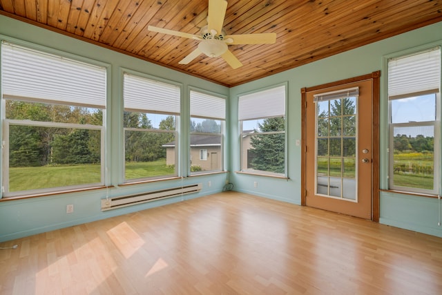 2316 Sugar Riv, Gladwin, MI 48624 - unfurnished sunroom with wooden ceiling, a baseboard radiator, baseboards, and wood finished floors